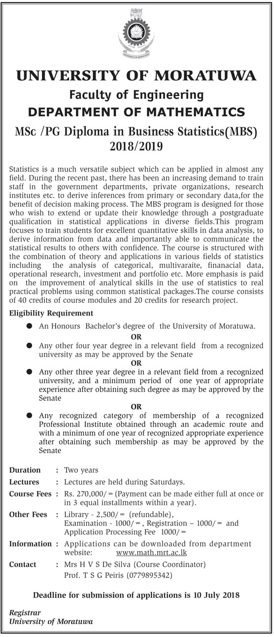 MSc / PG Diploma in Business Statistics (MBS) 2018/2019 - Department of Mathematics - University of Moratuwa